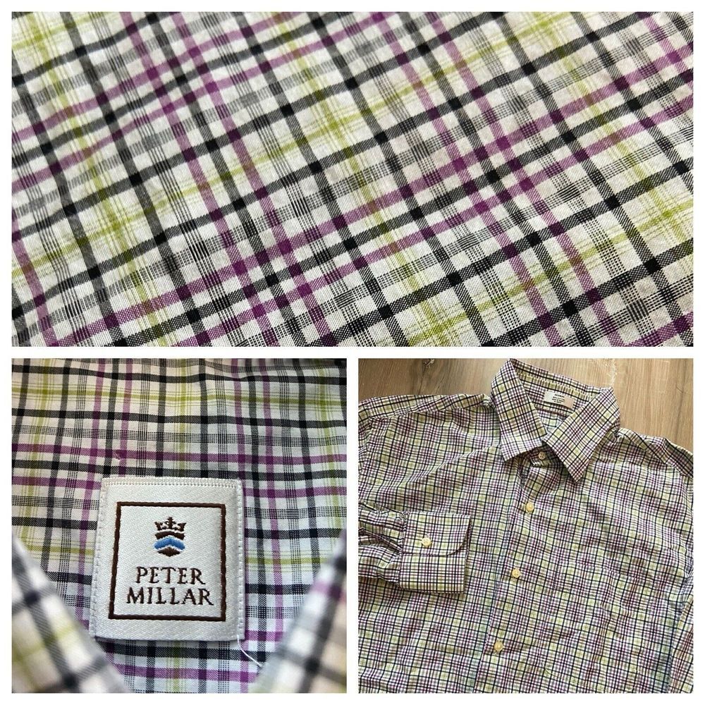 Peter Millar Mens Long Sleeve Button Up Cotton Plaid Shirt Medium‎